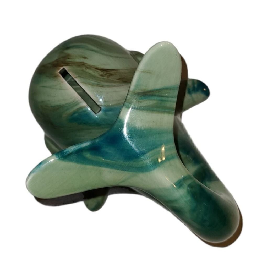 Vintage Ceramic Green Marble Swirl Glazed Whale Coin Bank - Picture 2 of 5
